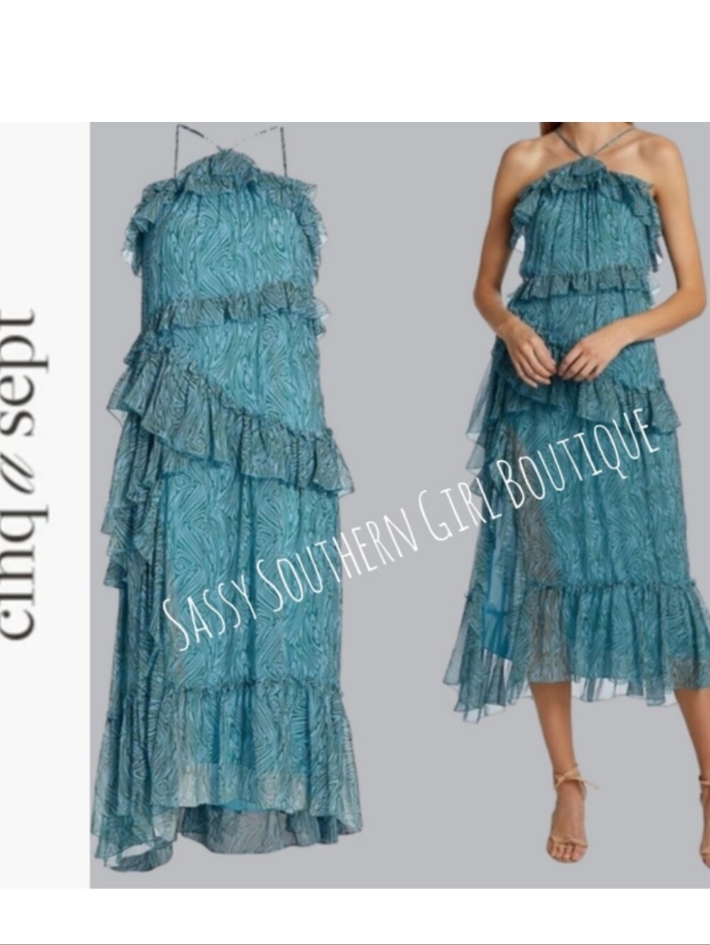 🆕⭐Cinq a Sept 5 à 7 blue green print ruffle midi dress
